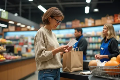 Femme d'âge moyen vérifiant son ticket de caisse au supermarché