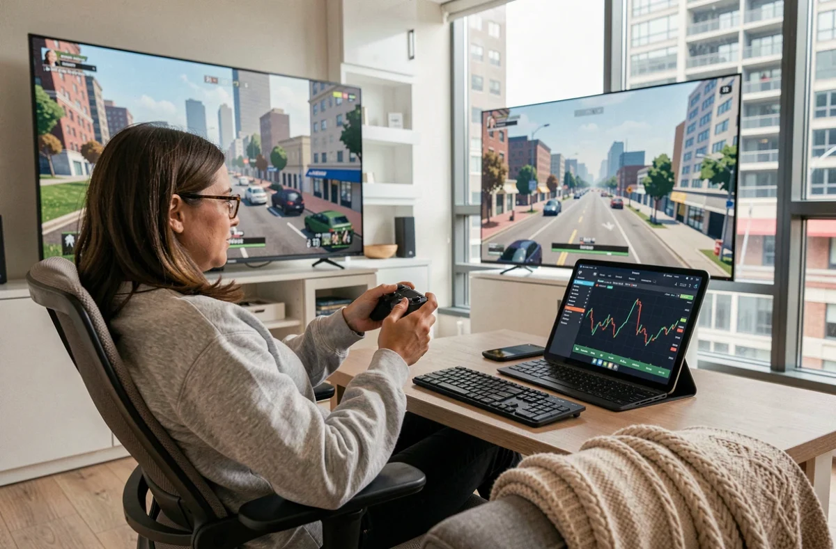 Femme débutante en stratégie bourse GTA 5 avec manette et tablette affichant des graphiques financiers dans un salon moderne