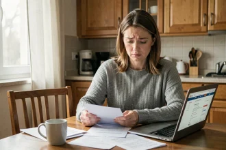 Femme consultant des documents CAF et RSA à la maison devant un ordinateur portable
