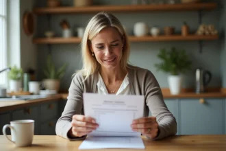 Femme regardant son relevé bancaire dans la cuisine