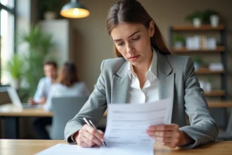 Femme consultant sa fiche de paie dans un bureau moderne pour comprendre son salaire net après cotisations