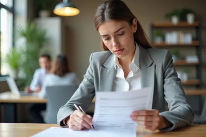 Femme consultant sa fiche de paie dans un bureau moderne pour comprendre son salaire net après cotisations