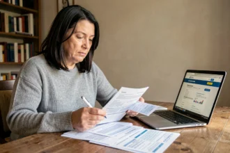 Femme consultant le formulaire CERFA 2042 pour la déclaration d'impôts 2026 sur son bureau à domicile