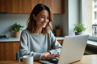 Femme gérant son assurance habitation en ligne depuis son espace client sur ordinateur portable dans une cuisine moderne