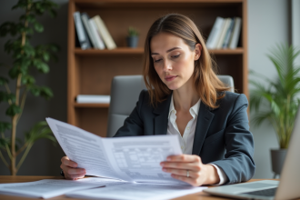 Femme d affaires examinant un document de prêt