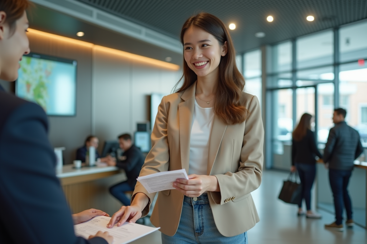 Jeune femme remettant ses papiers à un agent de banque souriant