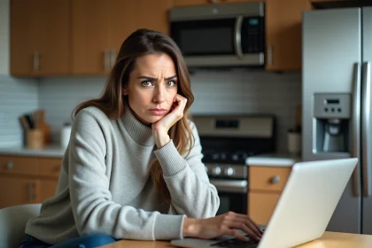 Femme inquiète devant son ordinateur dans la cuisine