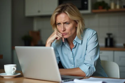 Femme inquiète regarde son relevé bancaire à la maison