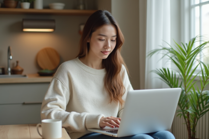 Jeune femme lisant sur son ordinateur dans une cuisine lumineuse