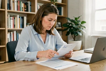 Femme en train de lire attentivement un contrat de mutuelle santé à son bureau à domicile