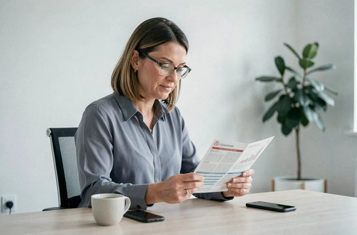 Femme lisant attentivement un devis de mutuelle familiale dans un bureau moderne