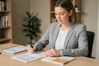 Femme consultant son livret A et ses relevés bancaires à son bureau à domicile en 2026