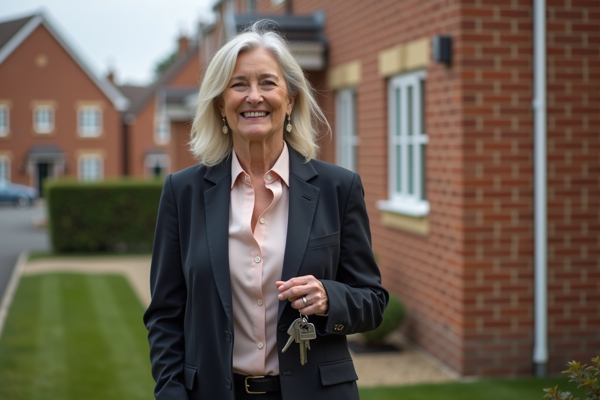Femme souriante tenant les clés devant sa maison neuve