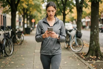 Femme marchant en ville avec un bracelet connecté et une application de marche rémunérée sur son smartphone