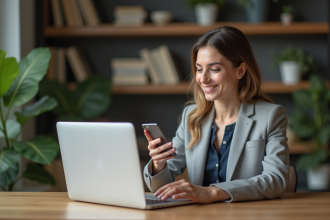 Femme utilisant smartphone et ordinateur dans un bureau moderne