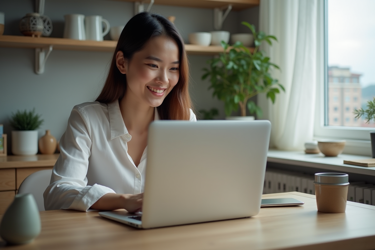 Jeune femme vérifiant son compte retraite sur son ordinateur à la maison