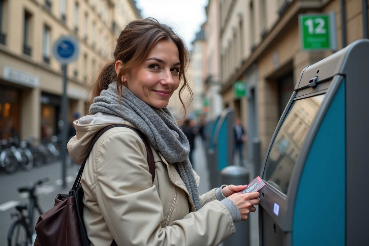 Jeune femme utilisant un terminal de paiement en extérieur