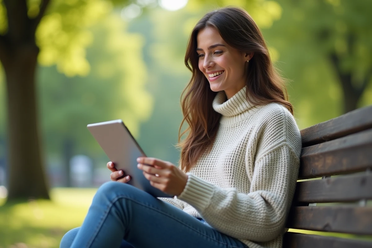 Jeune femme souriante utilisant une tablette en plein air