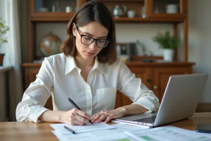 Femme concentrée remplissant ses papiers d'impôts à la maison