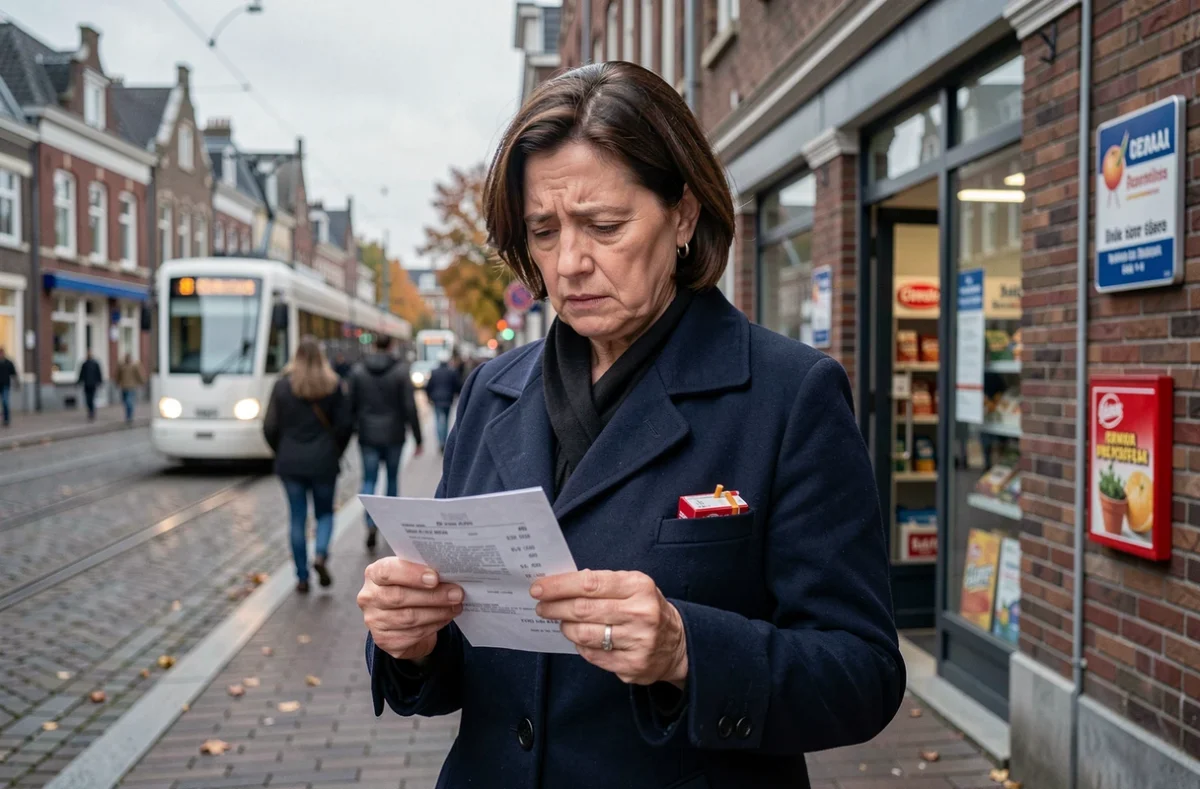 Une femme en manteau bleu marine devant un commerce belge examine un reçu avec un paquet de cigarettes dans la poche, air préoccupé