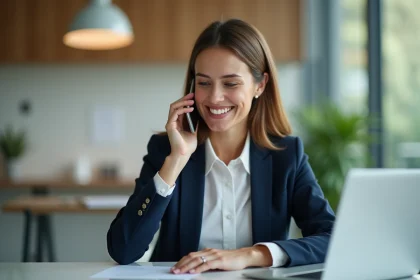 Femme professionnelle en blazer navy parlant au téléphone