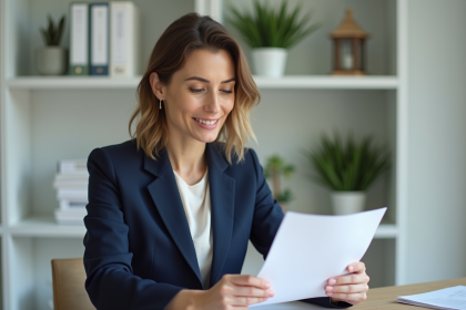 Femme professionnelle en bureau moderne pour assurance prêt immobilier