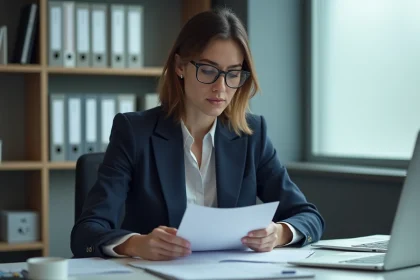 Femme professionnelle en bureau examinant des documents
