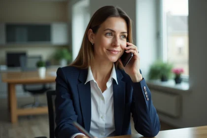 Femme d affaires en blazer bleu écoute au téléphone