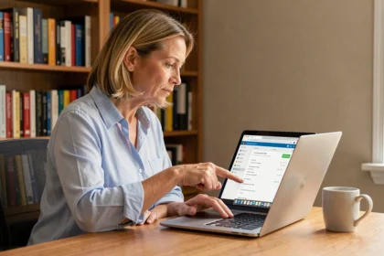 Femme consultant son compte en ligne sur un ordinateur portable pour retrouver son identifiant CA PCA