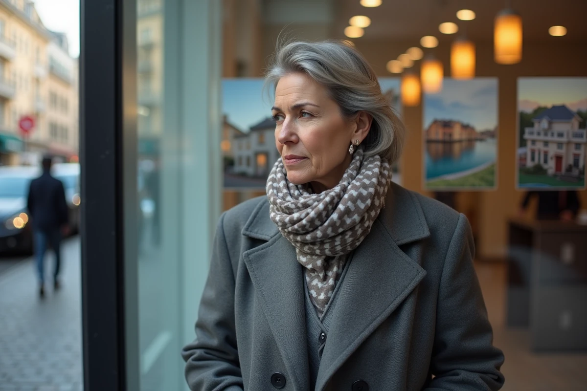 Femme examine des annonces immobilières en ville