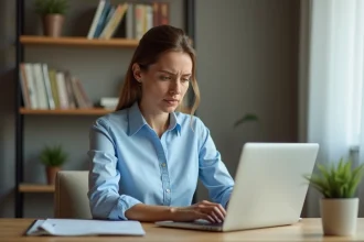 Femme rédigeant un email sur un ordinateur portable dans un bureau à domicile pour accélérer le traitement d'un dossier de crédit Cetelem