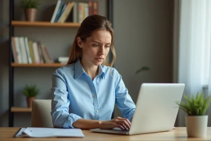 Femme rédigeant un email sur un ordinateur portable dans un bureau à domicile pour accélérer le traitement d'un dossier de crédit Cetelem