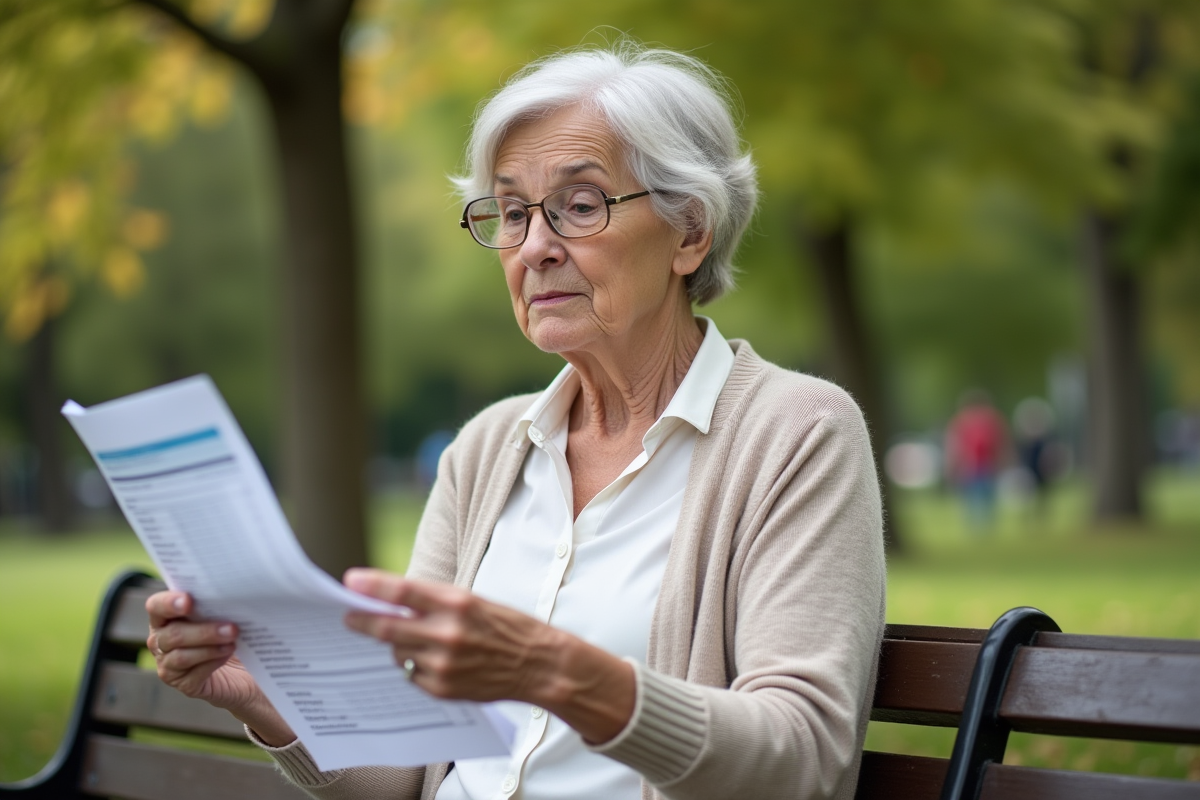 Femme âgée lisant une déclaration de pension en plein air