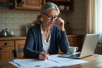 Femme retraitée consultant des documents de pension invalidité à table dans une cuisine française