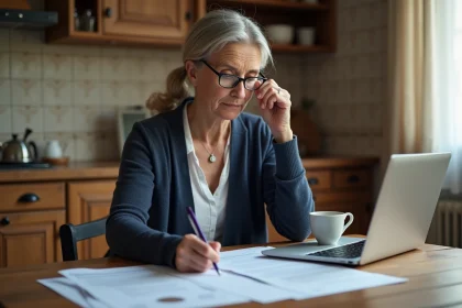 Femme retraitée consultant des documents de pension invalidité à table dans une cuisine française