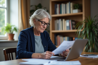 Femme âgée relisant des documents de pension à la maison