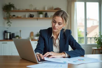 Femme active consultant ses fiches de paie et un tableau budgétaire dans un appartement parisien, illustrant la gestion d'un salaire de 2700 euros brut