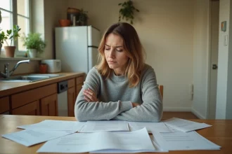 Femme seule examinant des documents administratifs liés au RSA dans une cuisine modeste