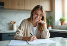 Femme souriante signant un formulaire de pret à la maison