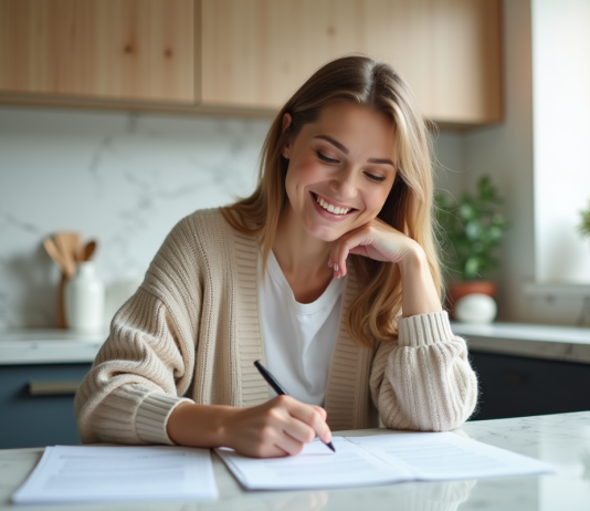 Femme souriante signant un formulaire de pret à la maison