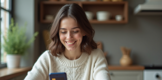 Carte bancaire virtuelle gratuite : comment en obtenir une facilement ? Jeune femme utilisant son smartphone pour une carte bancaire virtuelle