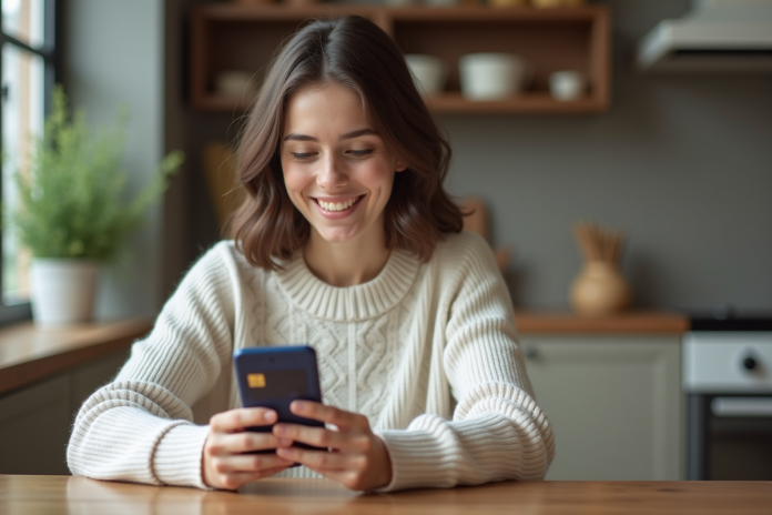 Jeune femme utilisant son smartphone pour une carte bancaire virtuelle