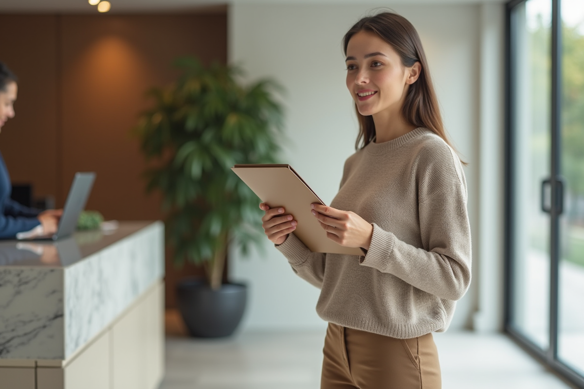 Jeune femme parlant avec un employé de banque dans un hall moderne