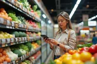 Femme d'âge moyen vérifiant les prix dans un supermarché