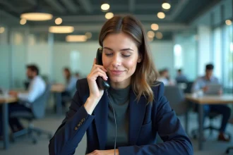 Femme au téléphone dans un bureau moderne contactant un service client assurance IARD