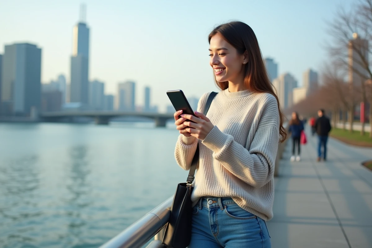 Femme souriante avec smartphone et skyline urbaine