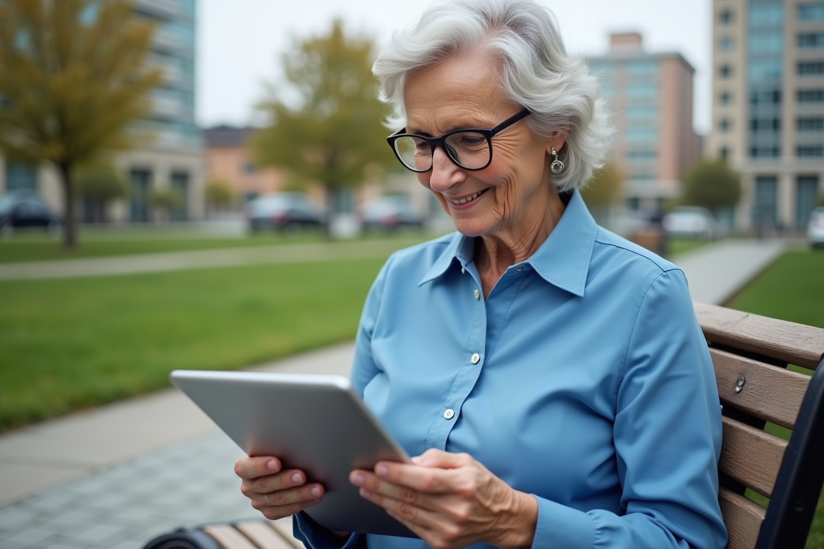 Femme âgée utilisant une tablette dans un parc urbain