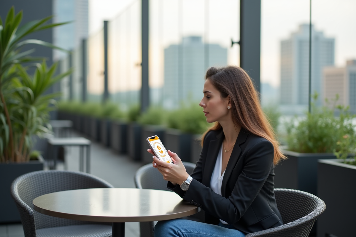 Femme regardant la ville avec smartphone sur terrasse urbaine