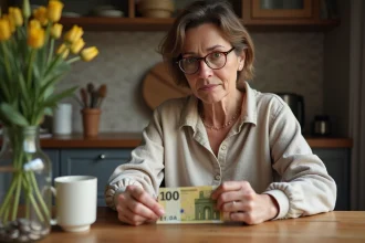Femme française examinant un billet de 1000 francs et un euro