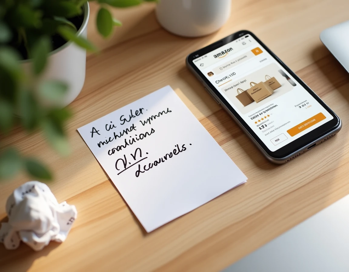 Carte cadeau Kadeos Infini posée sur une table avec un smartphone affichant Amazon et une note manuscrite sur les conditions refusées